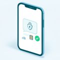 Isometric iPhone with a locked message bubble, a SIM chip, signal bars, and a checkmark, representing fixing 2FA texts not working after an eSIM switch