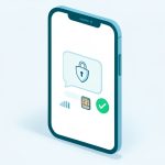 Isometric iPhone with a locked message bubble, a SIM chip, signal bars, and a checkmark, representing fixing 2FA texts not working after an eSIM switch