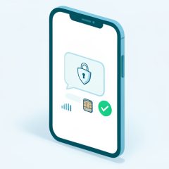 Isometric iPhone with a locked message bubble, a SIM chip, signal bars, and a checkmark, representing fixing 2FA texts not working after an eSIM switch