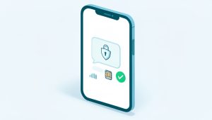 Isometric iPhone with a locked message bubble, a SIM chip, signal bars, and a checkmark, representing fixing 2FA texts not working after an eSIM switch