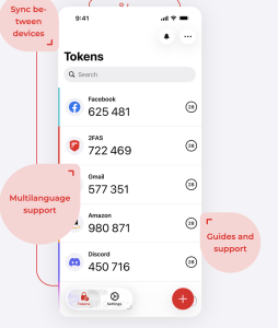 2FAS Auth app showing a Tokens list of one-time 2FA codes for Facebook, Gmail, Amazon, and Discord with a Sync between devices label, a Google Authenticator alternative with backup
