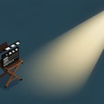 Isometric film clapperboard and director's chair beside a rising star and spotlight, representing a young filmmaker landing a major studio deal