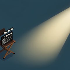 Isometric film clapperboard and director's chair beside a rising star and spotlight, representing a young filmmaker landing a major studio deal
