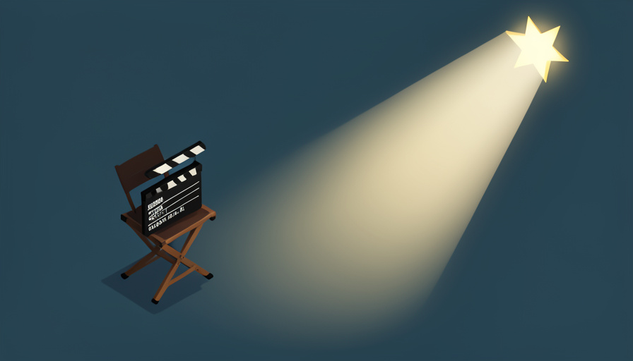Isometric film clapperboard and director's chair beside a rising star and spotlight, representing a young filmmaker landing a major studio deal