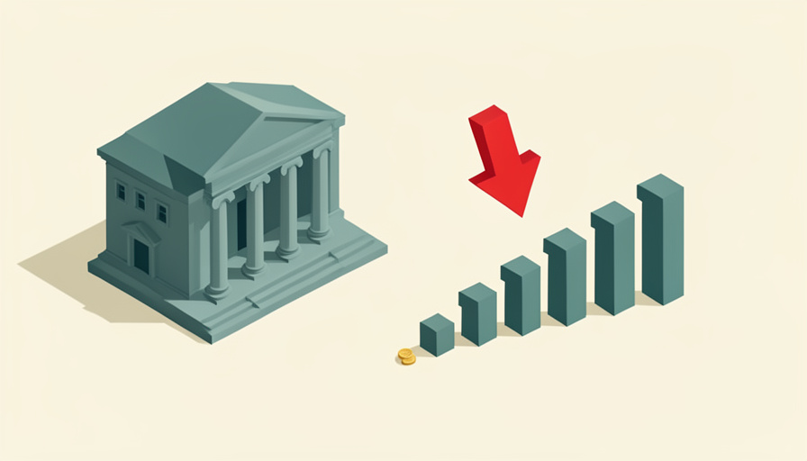 Isometric classical museum building beside a downward funding chart and a small coin stack, representing the financial pressures closing a historic museum