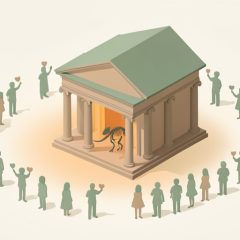 Isometric classical museum building with columns and a small dinosaur skeleton inside, ringed by faceless supporter figures holding up small heart symbols
