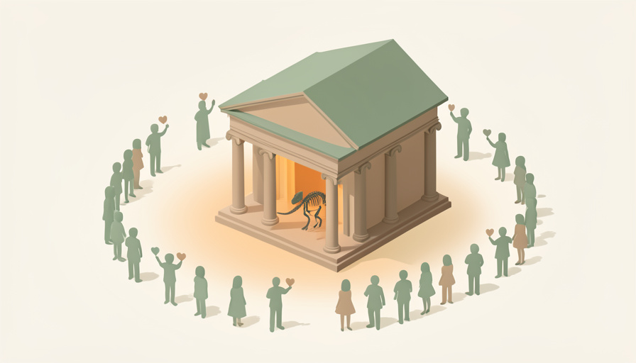 Isometric classical museum building with columns and a small dinosaur skeleton inside, ringed by faceless supporter figures holding up small heart symbols