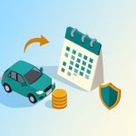 Isometric car beside a calendar, a stack of coins, and a shield with a timing arrow, representing whether to add a teen driver mid-policy or at renewal