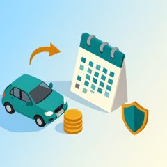 Isometric car beside a calendar, a stack of coins, and a shield with a timing arrow, representing whether to add a teen driver mid-policy or at renewal