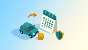 Isometric car beside a calendar, a stack of coins, and a shield with a timing arrow, representing whether to add a teen driver mid-policy or at renewal