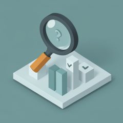 Isometric magnifying glass held over an abstract bar-chart leaderboard with question-mark tiles
