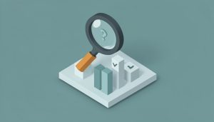 Isometric magnifying glass held over an abstract bar-chart leaderboard with question-mark tiles