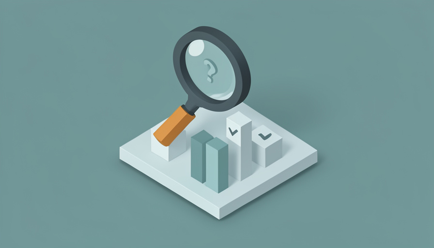 Isometric magnifying glass held over an abstract bar-chart leaderboard with question-mark tiles