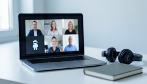 A laptop showing a video call grid where one participant tile is a robot icon, beside headphones and a notebook