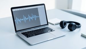 A laptop showing an audio waveform and a notes panel beside over-ear headphones on a desk