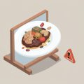 Isometric restaurant menu on a stand beside a plate showing a distorted, uncanny AI-generated dish with a small warning triangle, representing synthetic food photos