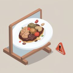 Isometric restaurant menu on a stand beside a plate showing a distorted, uncanny AI-generated dish with a small warning triangle, representing synthetic food photos