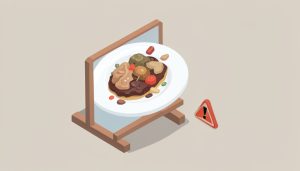 Isometric restaurant menu on a stand beside a plate showing a distorted, uncanny AI-generated dish with a small warning triangle, representing synthetic food photos