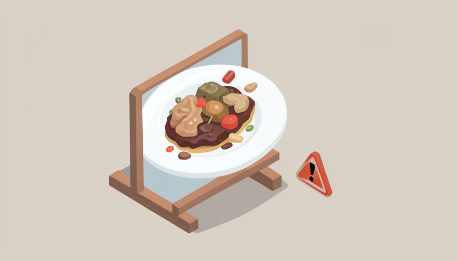 Isometric restaurant menu on a stand beside a plate showing a distorted, uncanny AI-generated dish with a small warning triangle, representing synthetic food photos