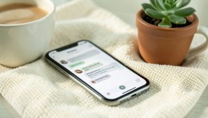 A smartphone showing a gentle chat conversation on a soft blanket beside a warm mug and a small plant