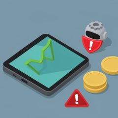 Isometric phone with a green trading chart, a red warning shield, a robot AI icon, gold coins, and a caution triangle, on AI trading group scam red flags