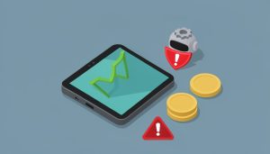Isometric phone with a green trading chart, a red warning shield, a robot AI icon, gold coins, and a caution triangle, on AI trading group scam red flags