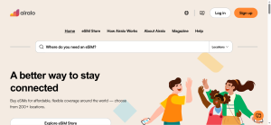 Airalo home page showing travel eSIM data plans for 200-plus destinations