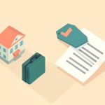 Isometric travel scene with a suitcase, a price tag, a house and a hotel, and a receipt with a checkmark, on Airbnb cleaning fee alternatives