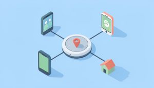 Isometric tracker tag on a map shared to several family-member phone icons across Android and Apple, on AirTag alternative for Android family tracking