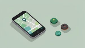 Isometric Android phone with a map pin beside three rounded Bluetooth tracker tags and a replaceable coin-battery icon, on AirTag alternatives for Android
