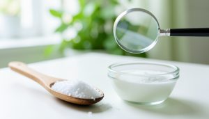 A wooden spoon of white allulose sweetener beside a glass bowl of it, with a magnifying glass hovering over the crystals
