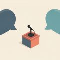 Isometric press-conference microphone at a podium with two opposing speech bubbles, representing a divided public debate over a celebrity's comment