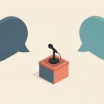 Isometric press-conference microphone at a podium with two opposing speech bubbles, representing a divided public debate over a celebrity's comment
