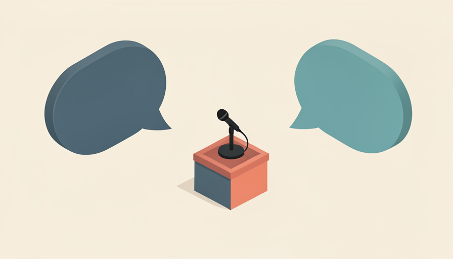 Isometric press-conference microphone at a podium with two opposing speech bubbles, representing a divided public debate over a celebrity's comment