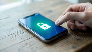 An Android smartphone on a table showing a glowing green padlock on its lock screen as a hand reaches to pick it up