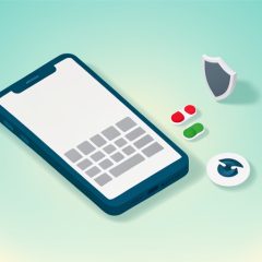 Isometric phone with a blank on-screen keyboard, permission toggle switches, a shield, and an eye-with-slash icon, representing Android keyboard app permissions to revoke