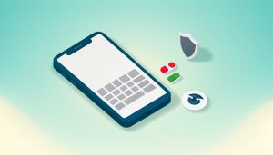 Isometric phone with a blank on-screen keyboard, permission toggle switches, a shield, and an eye-with-slash icon, representing Android keyboard app permissions to revoke