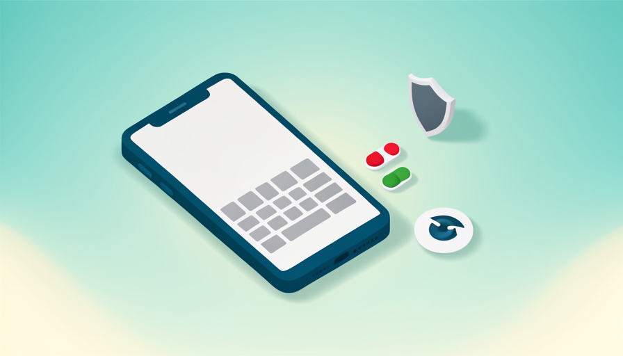 Isometric phone with a blank on-screen keyboard, permission toggle switches, a shield, and an eye-with-slash icon, representing Android keyboard app permissions to revoke