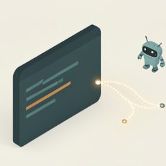 Isometric terminal window with an abstract branching roadmap path leading out of it and a small robot-assistant icon beside it, representing an AI coding tool's direction
