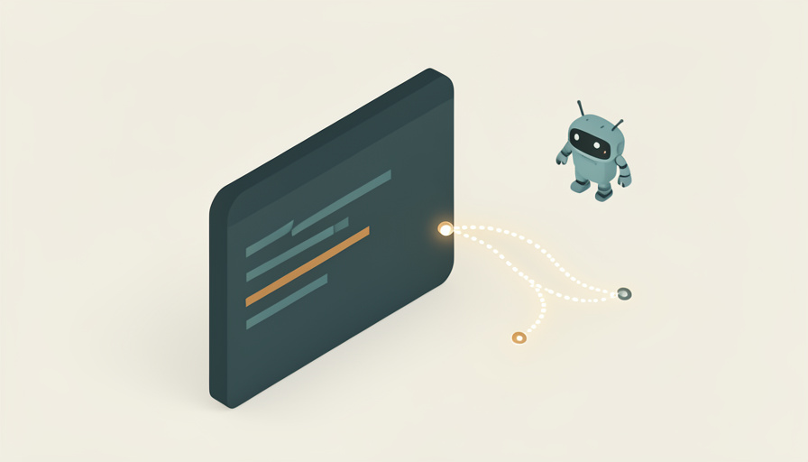 Isometric terminal window with an abstract branching roadmap path leading out of it and a small robot-assistant icon beside it, representing an AI coding tool's direction