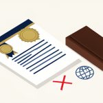 Isometric official document with a gold seal and ribbon, a notary stamp, a red X, and a globe, representing document mistakes that delay an apostille request