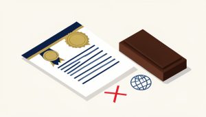 Isometric official document with a gold seal and ribbon, a notary stamp, a red X, and a globe, representing document mistakes that delay an apostille request