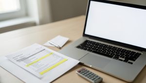 A medical billing statement with a highlighted line beside a pen, envelope, calculator, and laptop
