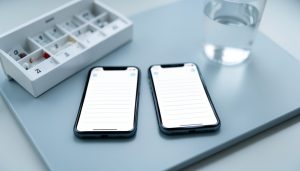 Two smartphones showing medication reminder lists beside a weekly pill organizer and a glass of water