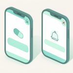 Isometric illustration of two smartphones side by side, one showing a pill icon and one a bell notification, representing duplicate medication reminders from two apps