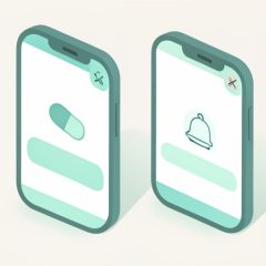 Isometric illustration of two smartphones side by side, one showing a pill icon and one a bell notification, representing duplicate medication reminders from two apps