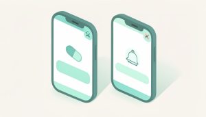 Isometric illustration of two smartphones side by side, one showing a pill icon and one a bell notification, representing duplicate medication reminders from two apps