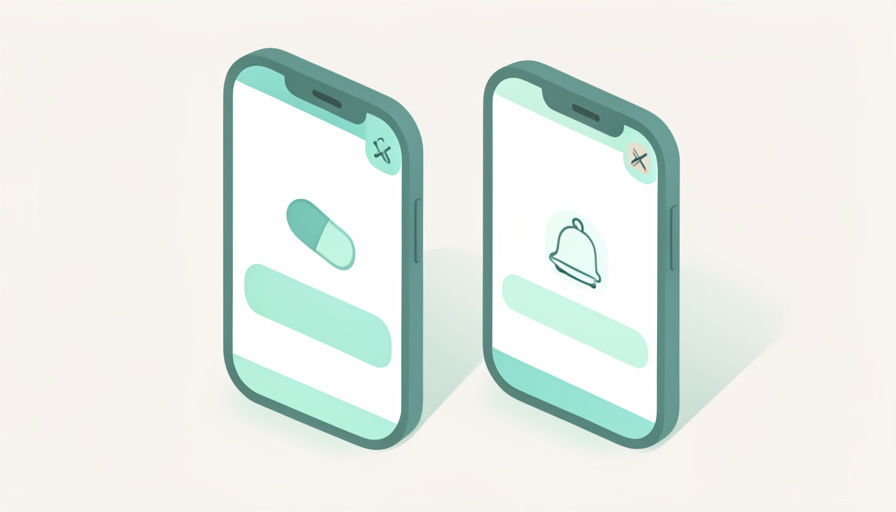 Isometric illustration of two smartphones side by side, one showing a pill icon and one a bell notification, representing duplicate medication reminders from two apps