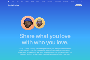 Apple Family Sharing page explaining shared purchases, storage, and family setup