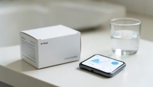 A plain at-home health test kit box beside a smartphone showing a results app on a bathroom counter